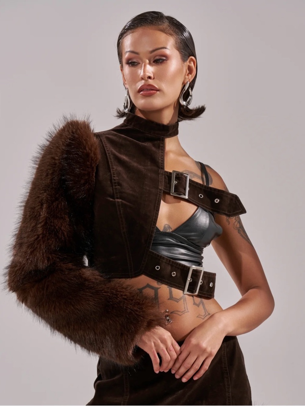 AKIRA Dark Brown Faux Fur & Suede Asymmetric Crop Jacket with Buckle Straps